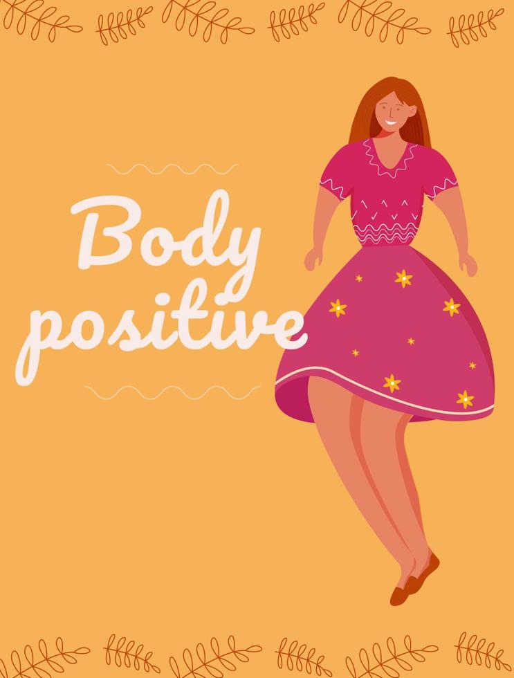 Body positive poster vector template. Feminism movement. Brochure, cover, booklet page concept design with flat illustrations. Overweight woman. Advertising flyer, leaflet, banner layout idea