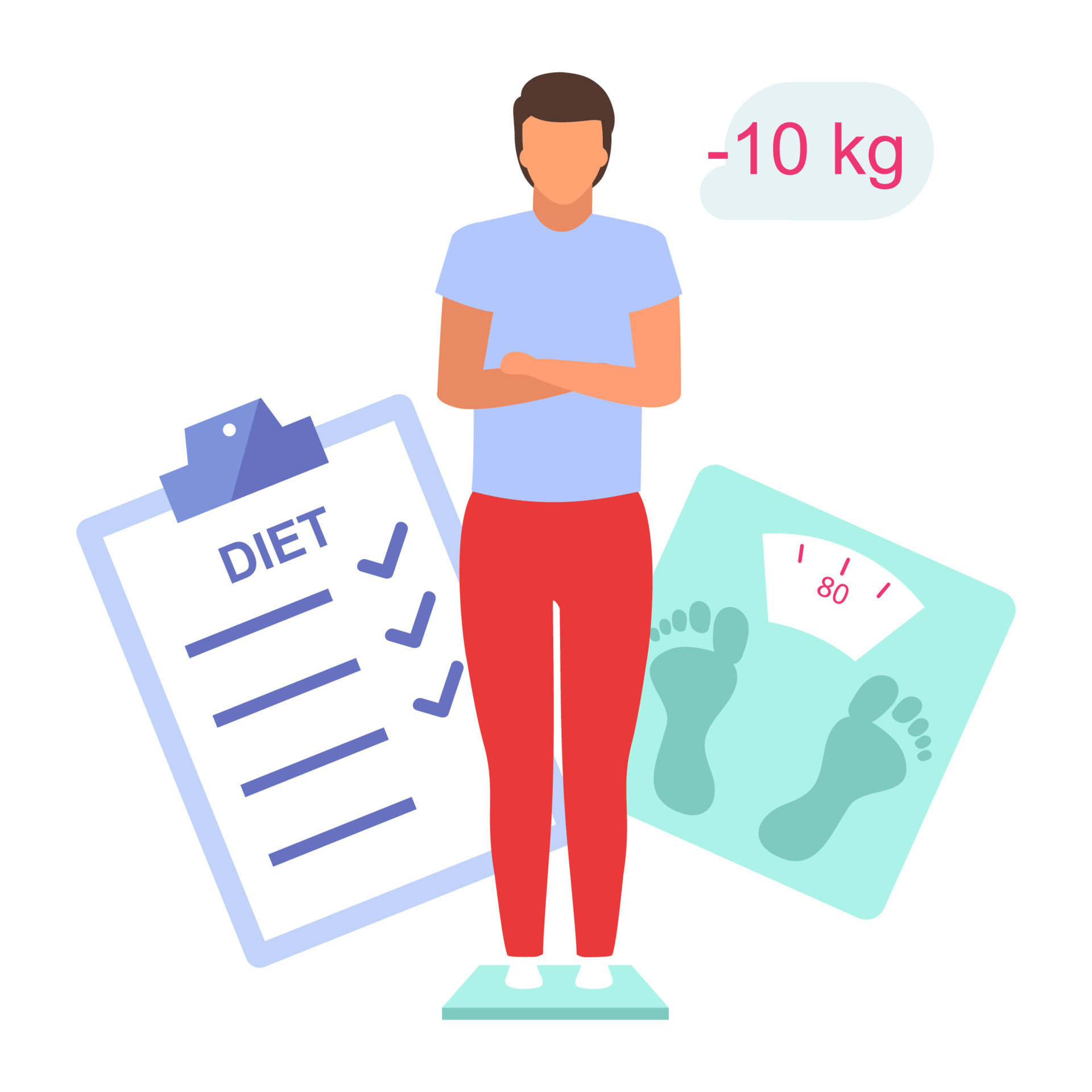 Man losing weight flat vector illustration. Young boy controlling body mass  standing on scales isolated cartoon character on white background. Male  patient on diet, happy with weight loss result 4462016 Vector Art