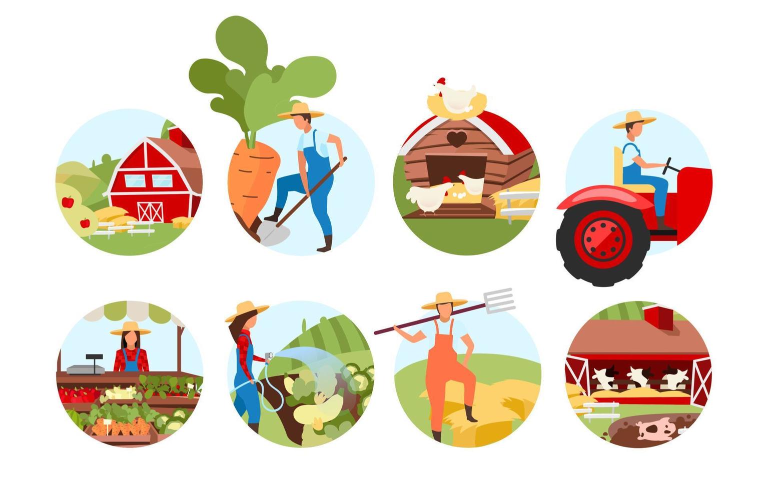 Farming flat concept icons set. Livestock and cattle farm. Agriculture stickers, cliparts pack. Farmers market produce. Crop plants cultivation, vegetable garden. Isolated cartoon illustrations vector