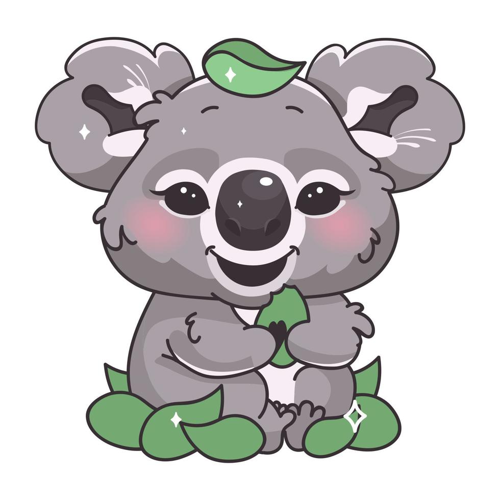 Lindo personaje de vector de dibujos animados koala kawaii. adorable y divertido animal sonriente comiendo eucalipto aislado pegatina, parche, ilustración de libros para niños. anime, bebé, koala, oso, emoji, blanco, plano de fondo
