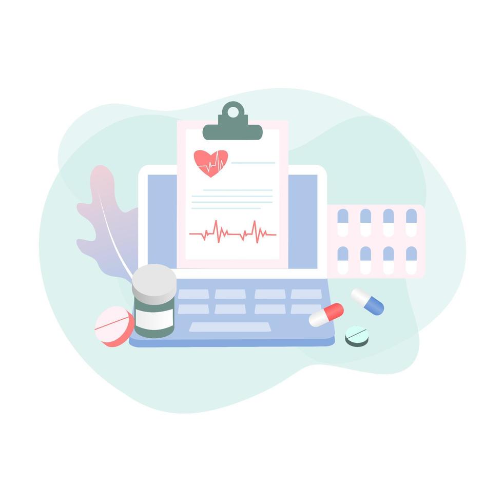 Online pharmacy concept of healthcare, drugstore and e-commerce. Flat Vector illustration of prescription drugs, first aid kit and medical supplies being sold online via web or computer technology.