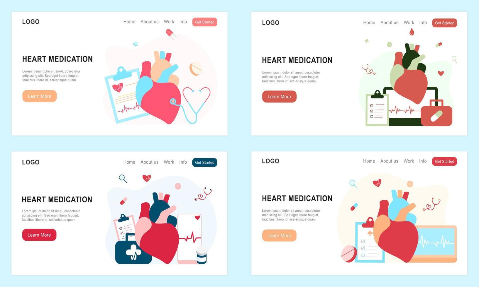 Set of flat landing page templates for heart medication, heart disease research, cardiovascular system, cholesterol, medical examination. Doctor, pharmacy, clinic for website, UI mobile application. vector