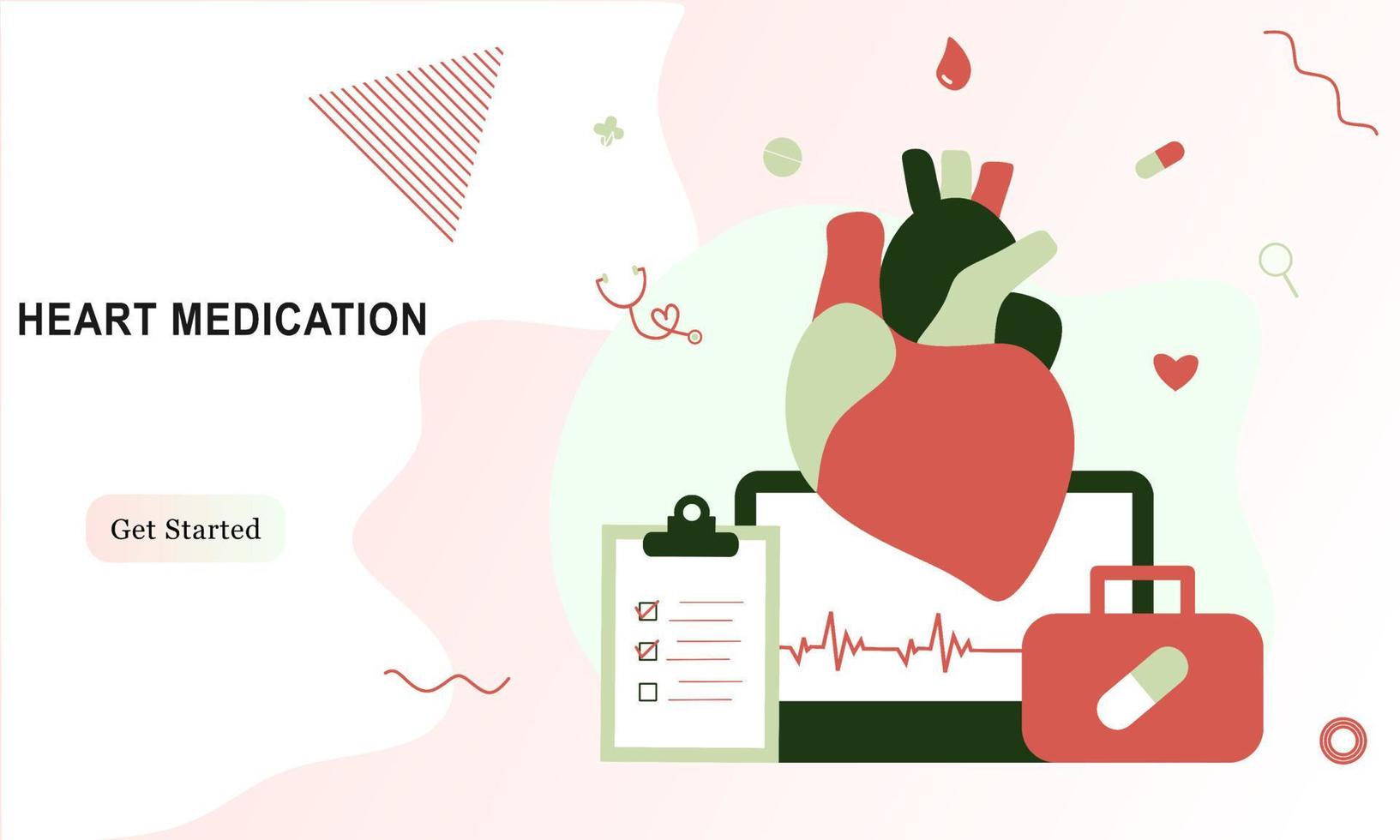 página de inicio de la medicación cardíaca moderna, concepto de investigación de enfermedades cardíacas. estudiando el modelo de corazón, las drogas y el diagrama de latidos del corazón. ilustración vectorial sistema cardiovascular, colesterol, examen médico. vector