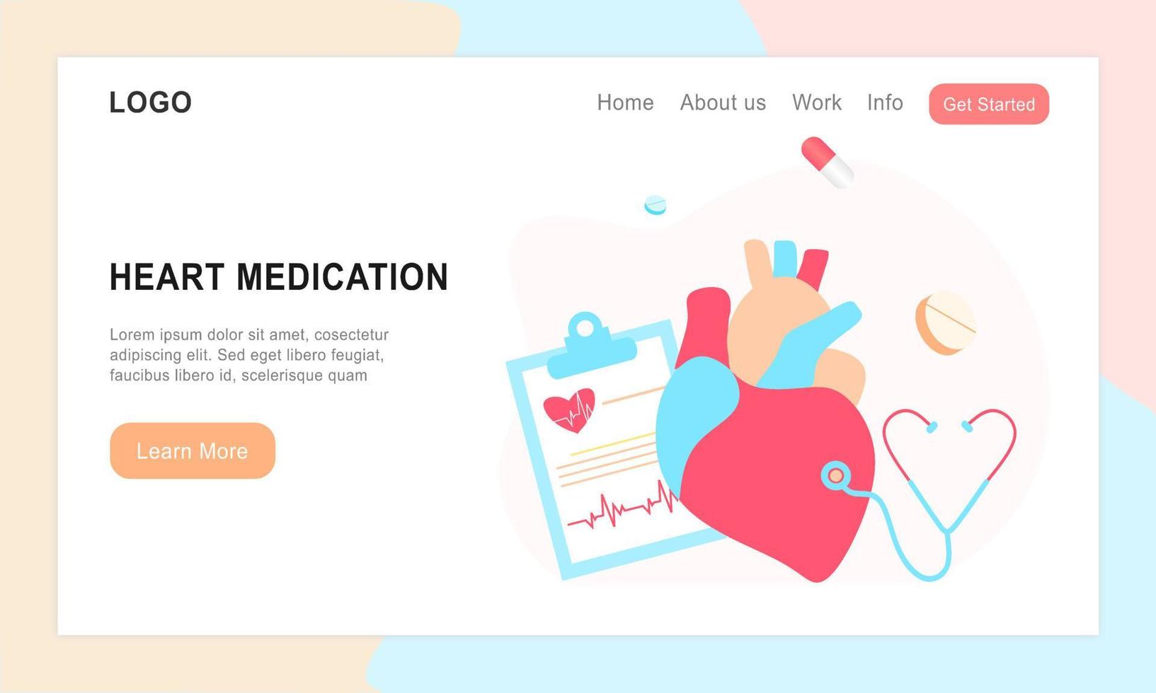 Landing page of modern heart medication, heart disease research concept. Studying heart model, drugs and heartbeat diagram. Vector illustration cardiovascular system, cholesterol, medical examination.