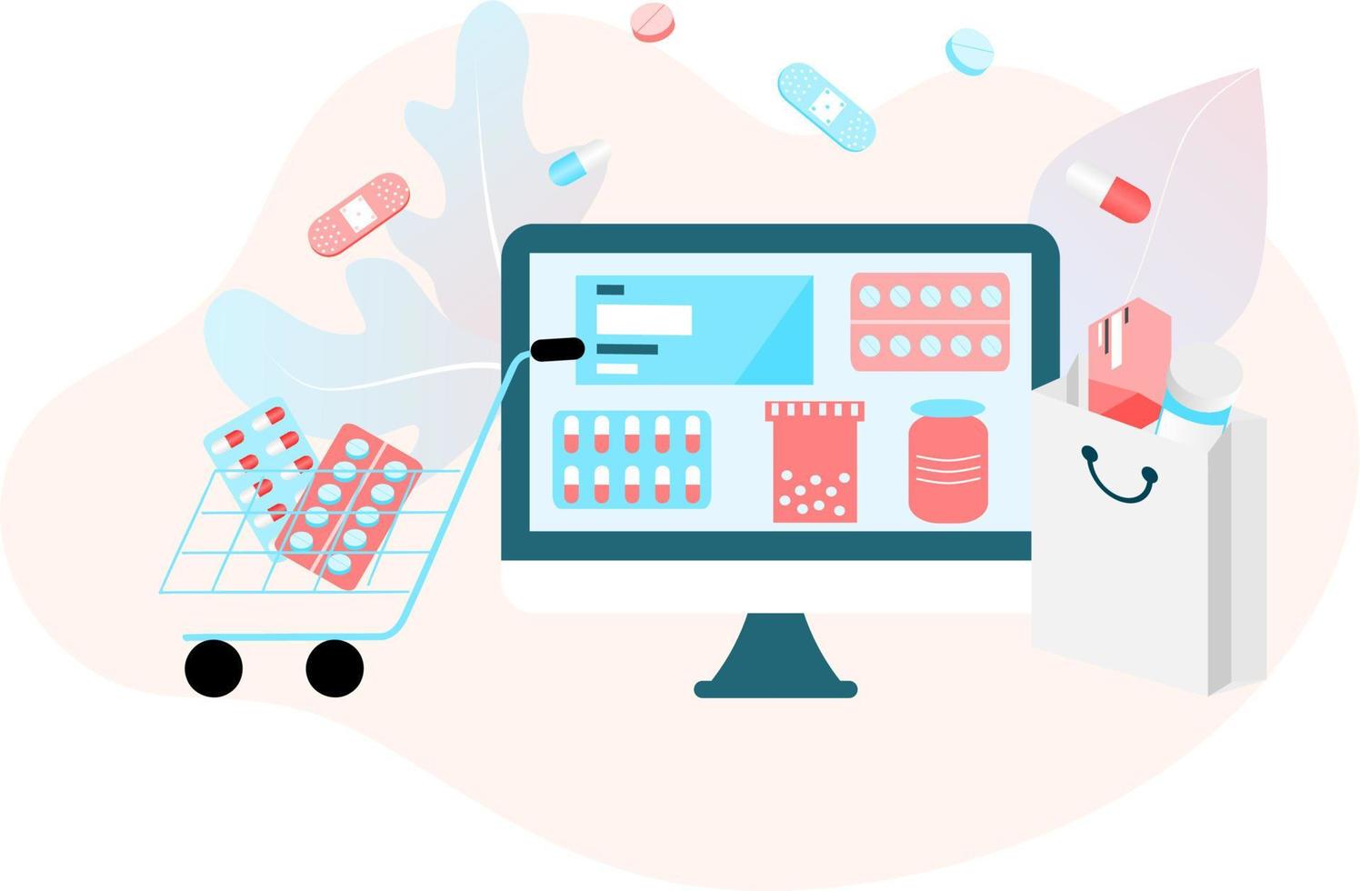 Landing page of Online pharmacy, healthcare, drugstore and ecommerce app concept. Vector of prescription drugs, first aid kit and medical supplies being sold via computer web or smartphone application