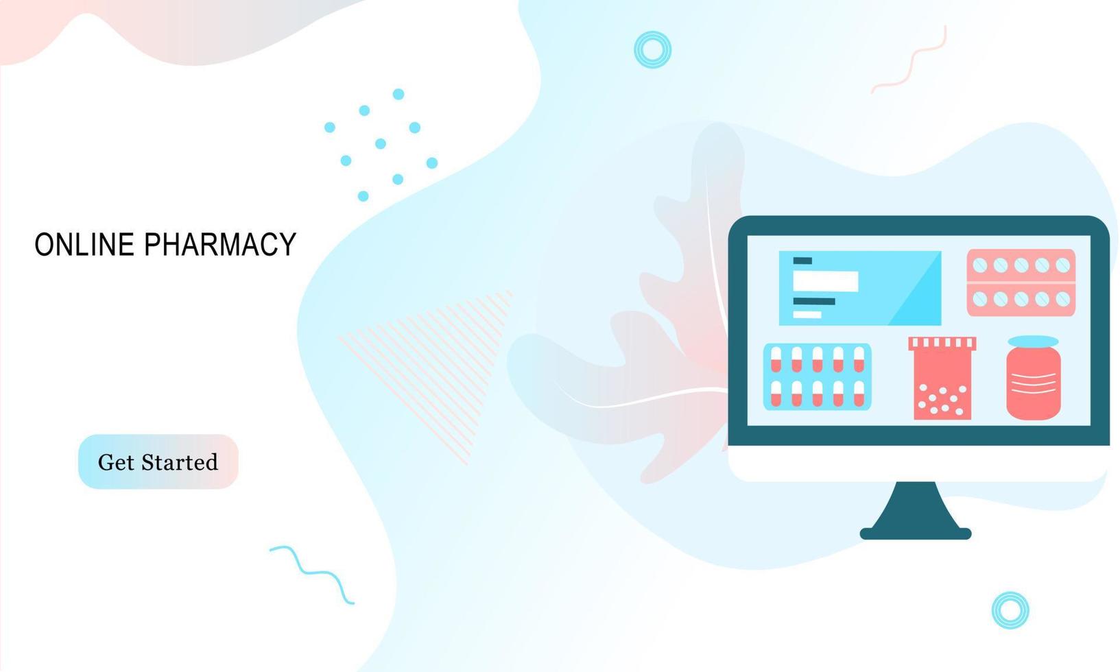 Landing page of Online pharmacy, healthcare, drugstore and e-commerce app concept. Vector of prescription drugs, first aid kit and medical supplies being sold online via web or smartphone application.