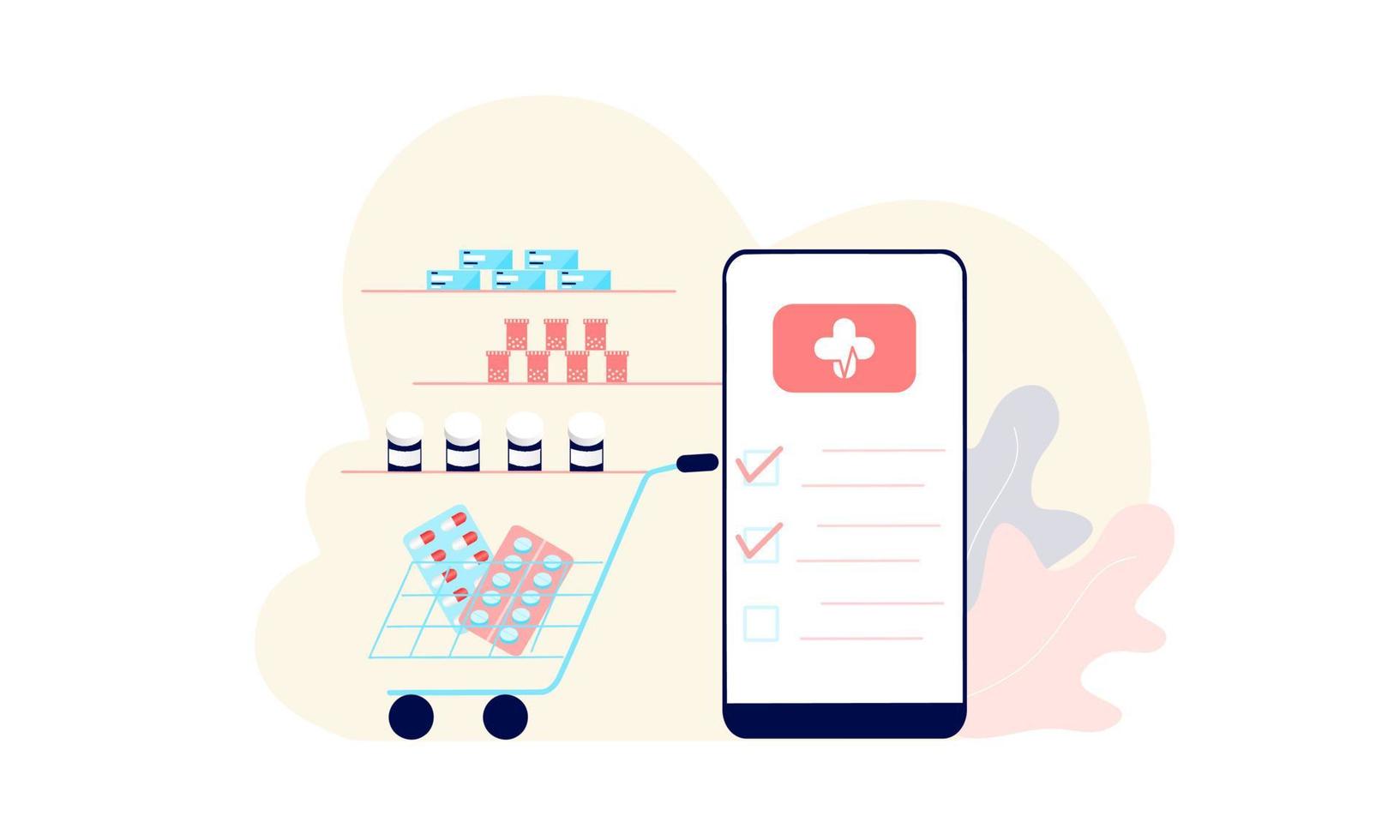 Landing page of Online pharmacy, healthcare, drugstore and ecommerce app concept. Vector of prescription drugs, first aid kit and medical supplies being sold via computer web or smartphone application