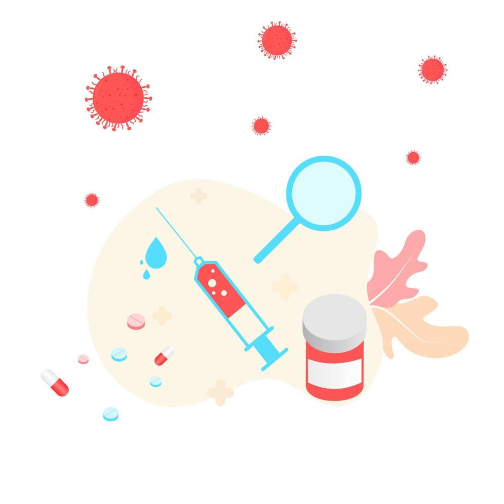 Vaccination concept. Immunization campaign. COVID-19 Virus Vaccine shot. Health care and protection. Medicine and syringe with a vaccine bottle protection shield and virus. Medical treatment icons. vector