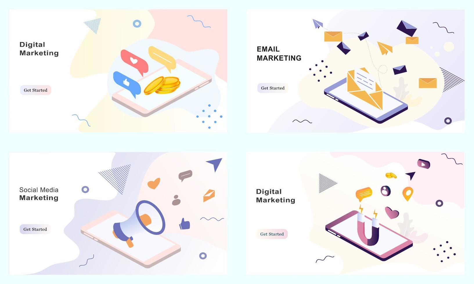 Set of landing page templates for email marketing, digital marketing, ecommerce, social media marketing, social network, business, banner ads. Modern vector illustration for web and mobile development