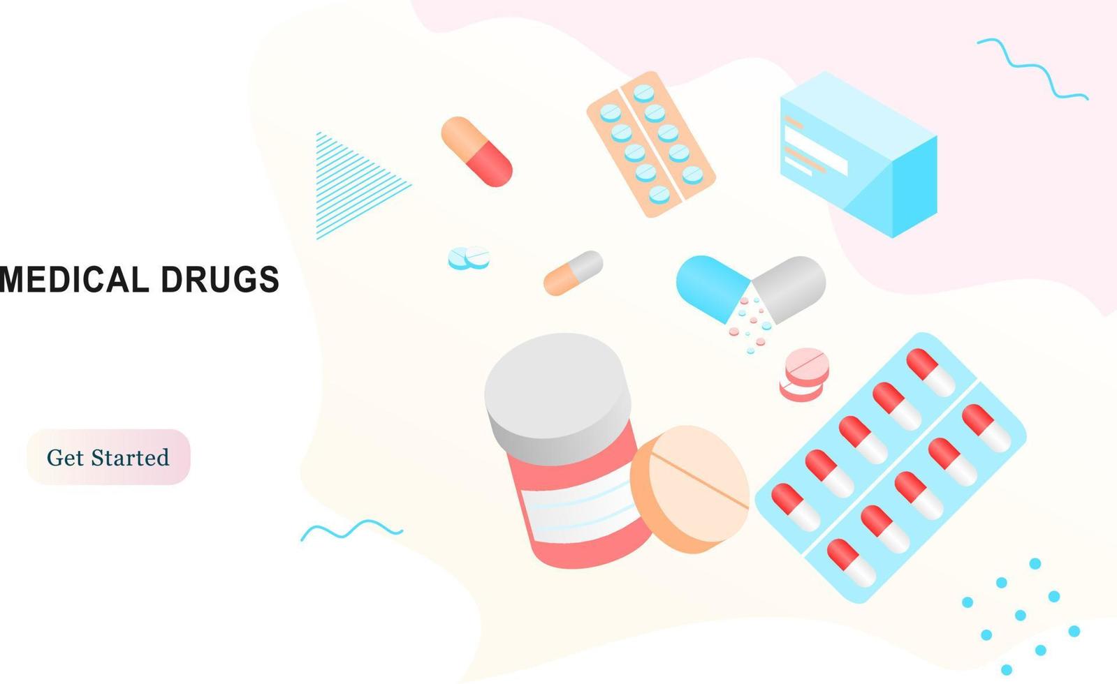 Medical drugs landing page. Medical support and drugs addiction concept, medicine pills and capsules. Vector illustration pharmacy store web page app for patient support and online sale products.