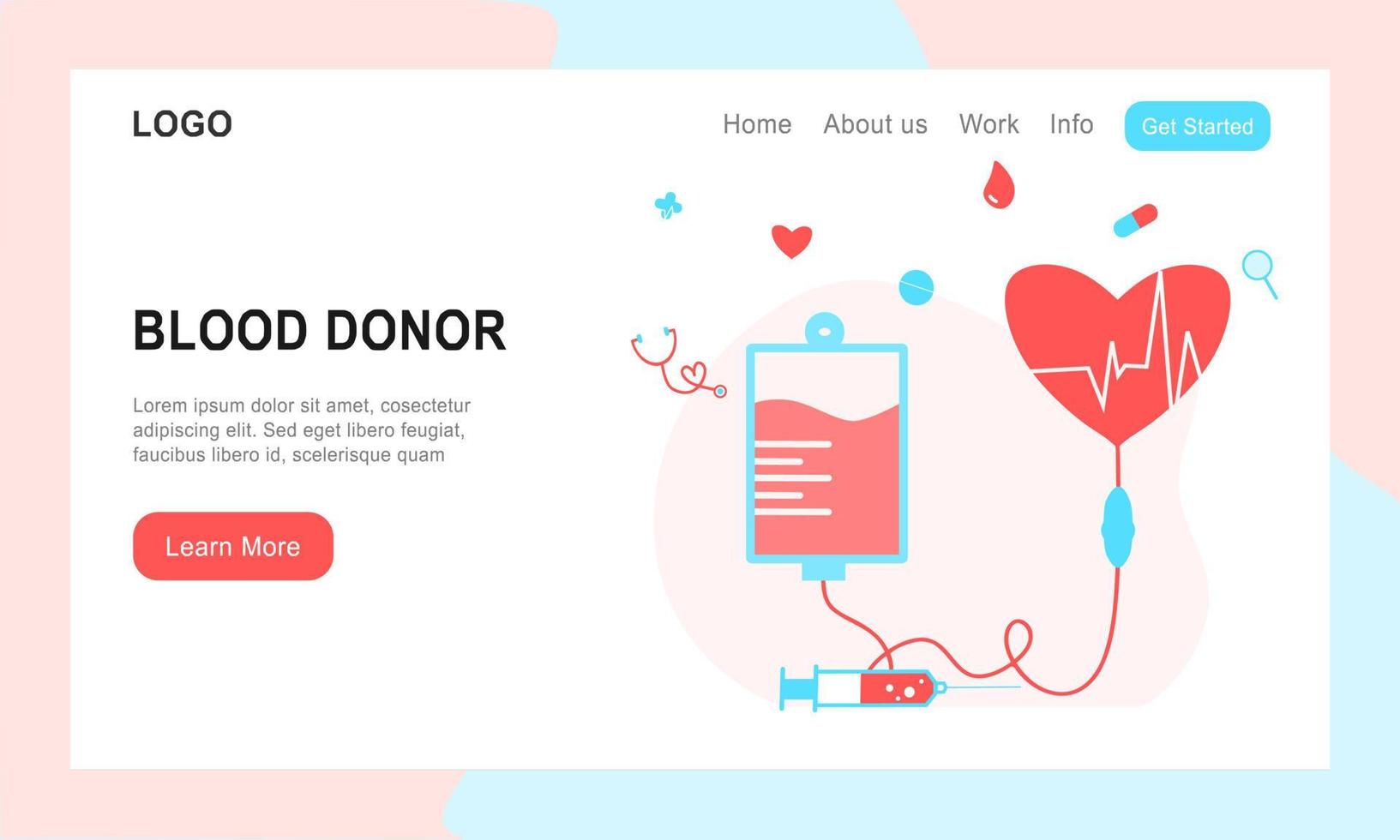 Volunteers donating blood. Blood donor charity concept. World blood donor day, health care for banner, poster, card, UI, web. Landing page template for blood bank or hospital. Flat vector illustration