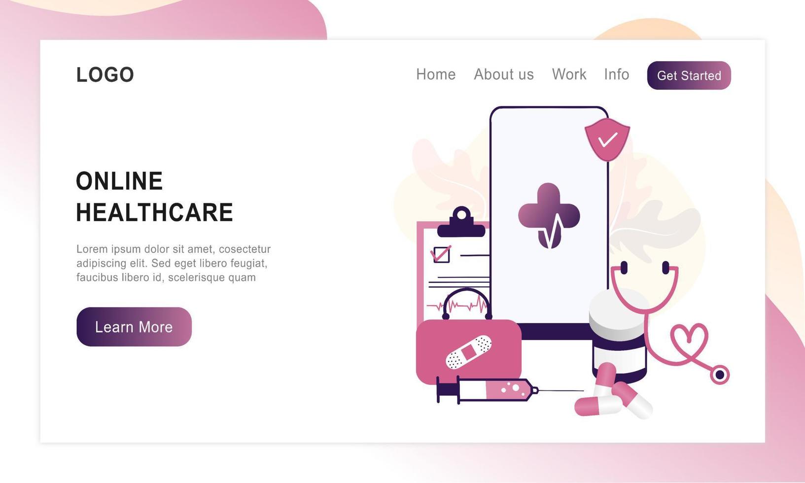 Landing page of online healthcare flat illustration. Online medical consultation and treatment via app smartphone or computer connected internet clinic. Online ask doctor consultation in mobile vector
