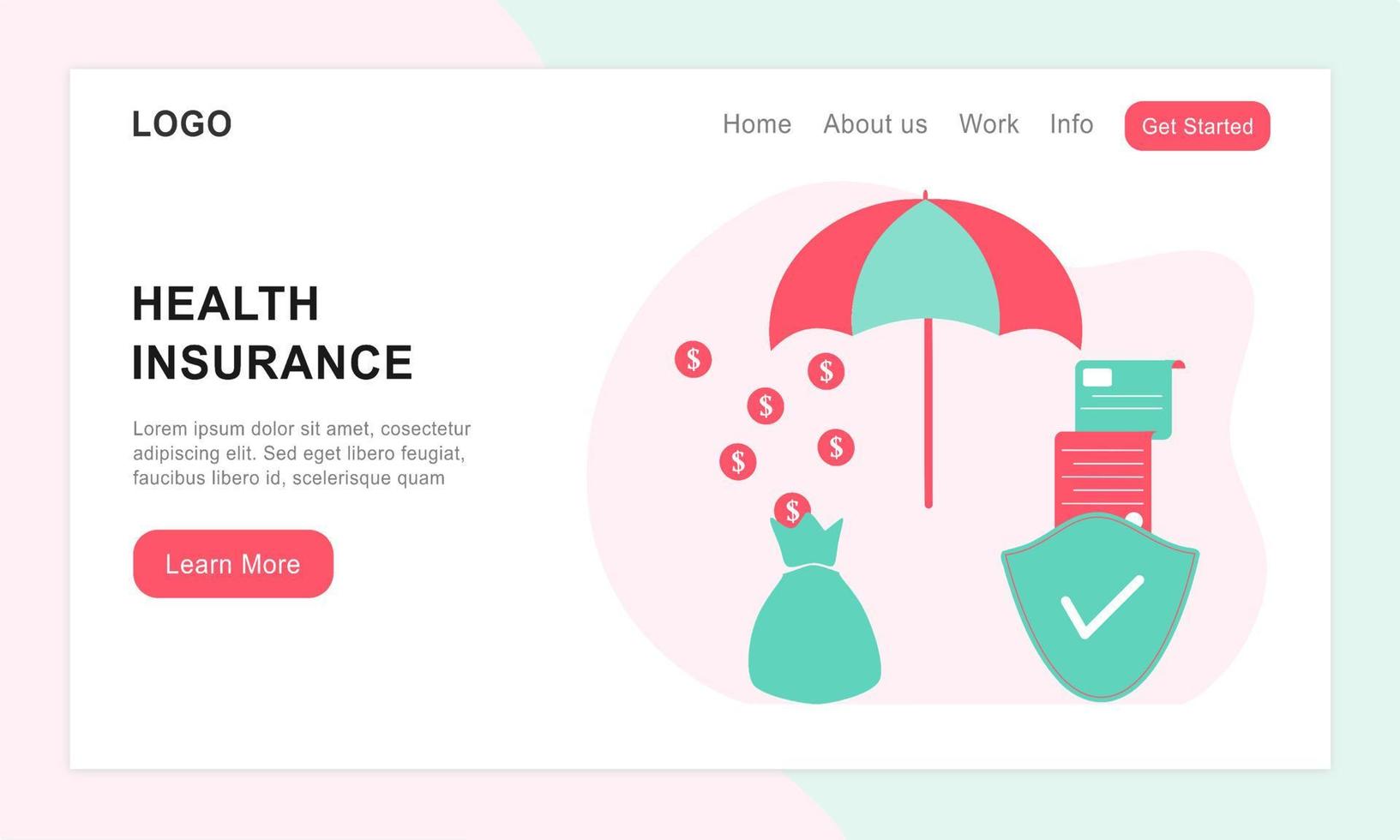 Landing page of health insurance. Concept of medical insurance and life insurance. Protection of health and life of people with document insurance. Healthcare, finance and medical service web design. vector