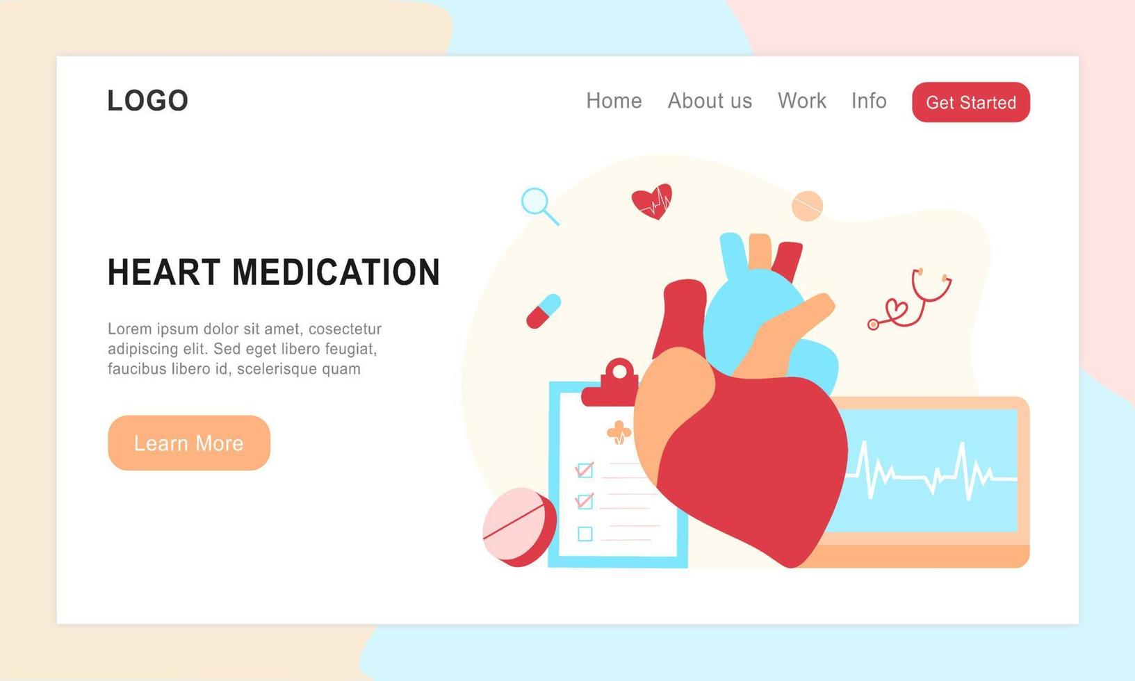 Landing page of modern heart medication, heart disease research concept. Studying heart model, drugs and heartbeat diagram. Vector illustration cardiovascular system, cholesterol, medical examination.