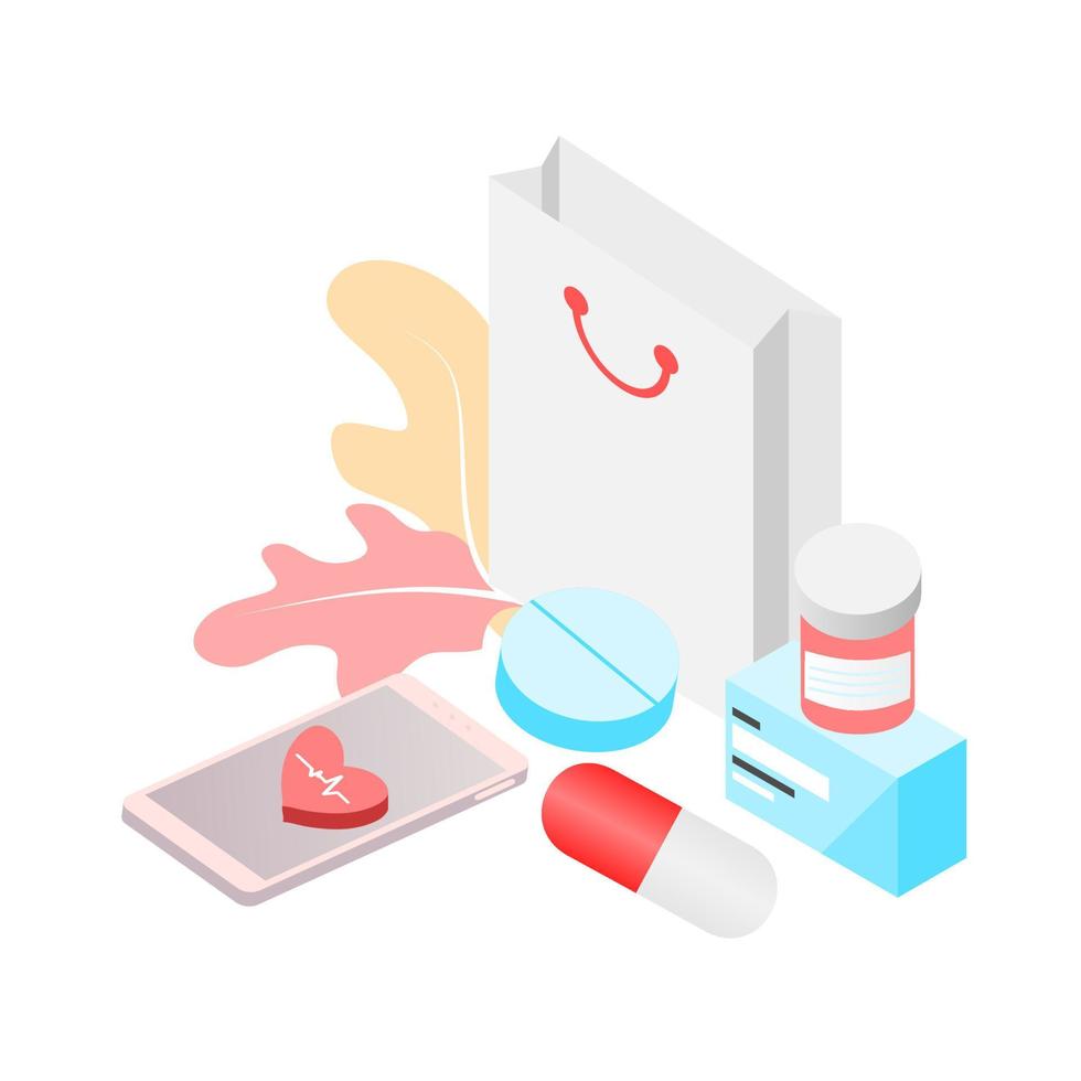 Online pharmacy app concept of healthcare, drugstore and e-commerce. Vector of prescription drugs, first aid kit and medical supplies being sold online via web or smartphone application technology.