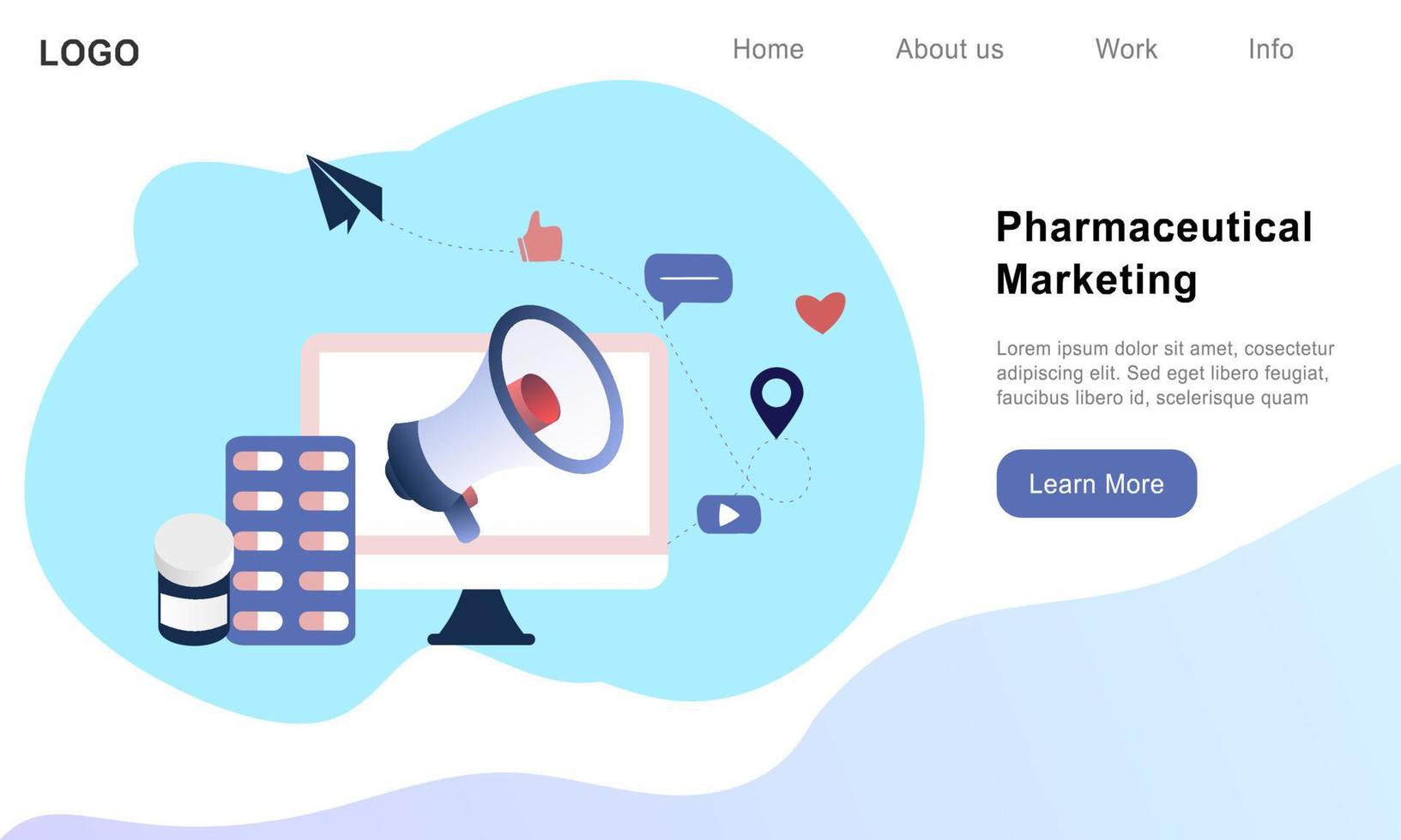 Pharmacy concept. Pharmaceutical representative with computer and medicine. Pharmaceutical marketing, drugs advertising, medication industry. Flat vector for web banner, infographics, hero images.