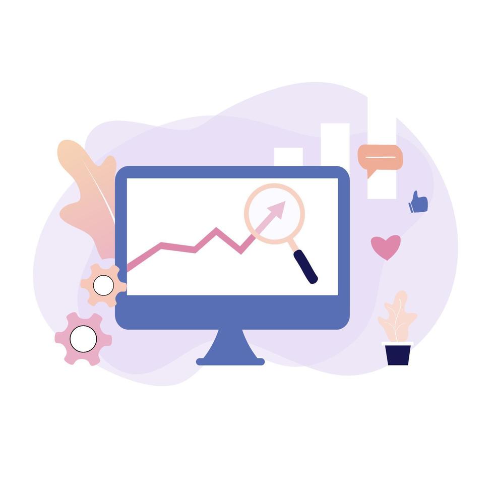 Flat vector illustration of trending research, market research, global trending, technical support, business planning, data analysis, stock market analytics, online statistic, keyword for web template