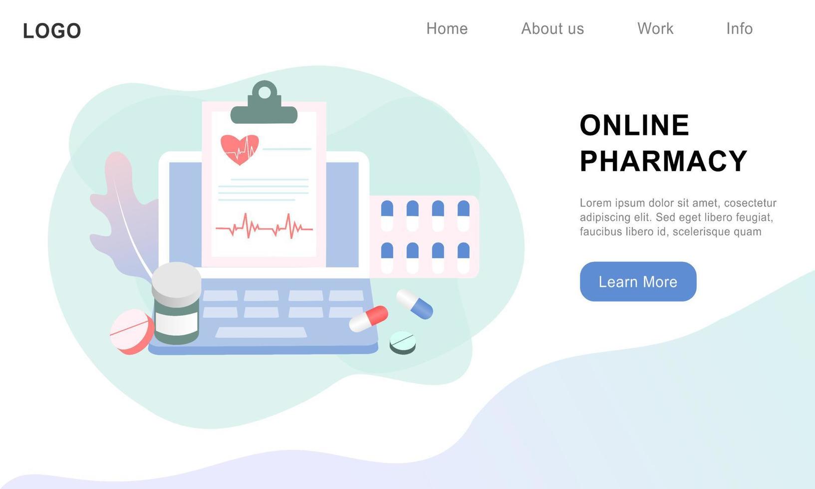 Online pharmacy concept of healthcare, drugstore and e-commerce. Flat Vector illustration of prescription drugs, first aid kit and medical supplies being sold online via web or computer technology.