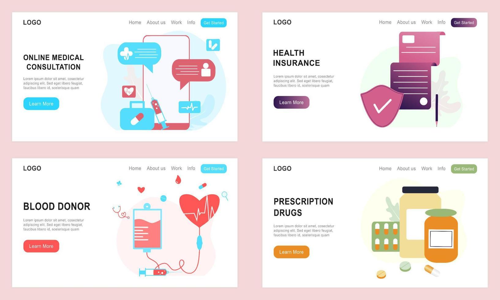 Set of landing page templates for online healthcare, blood donor, health insurance, medical drugs, online medical consultation. Doctor, pharmacy, clinic, therapist for website, UI mobile application. vector