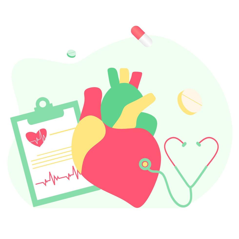 Modern heart medication, heart disease research concept. Cardiologist studying big heart model, drugs and heartbeat diagram. Vector illustration cardiovascular system, cardiology, medical examination.