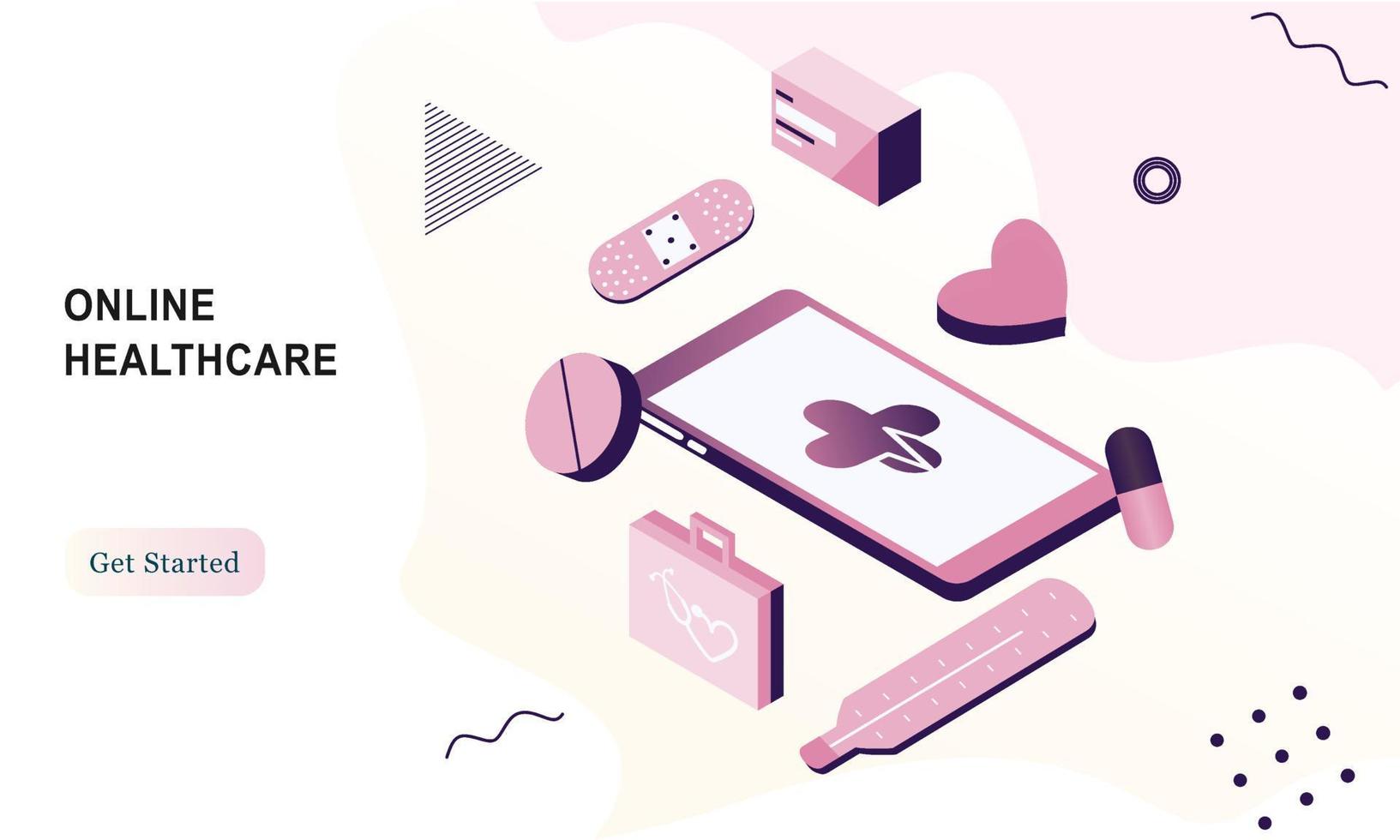 Landing page of online healthcare flat illustration. Online medical consultation and treatment via app smartphone or computer connected internet clinic. Online ask doctor consultation in mobile vector
