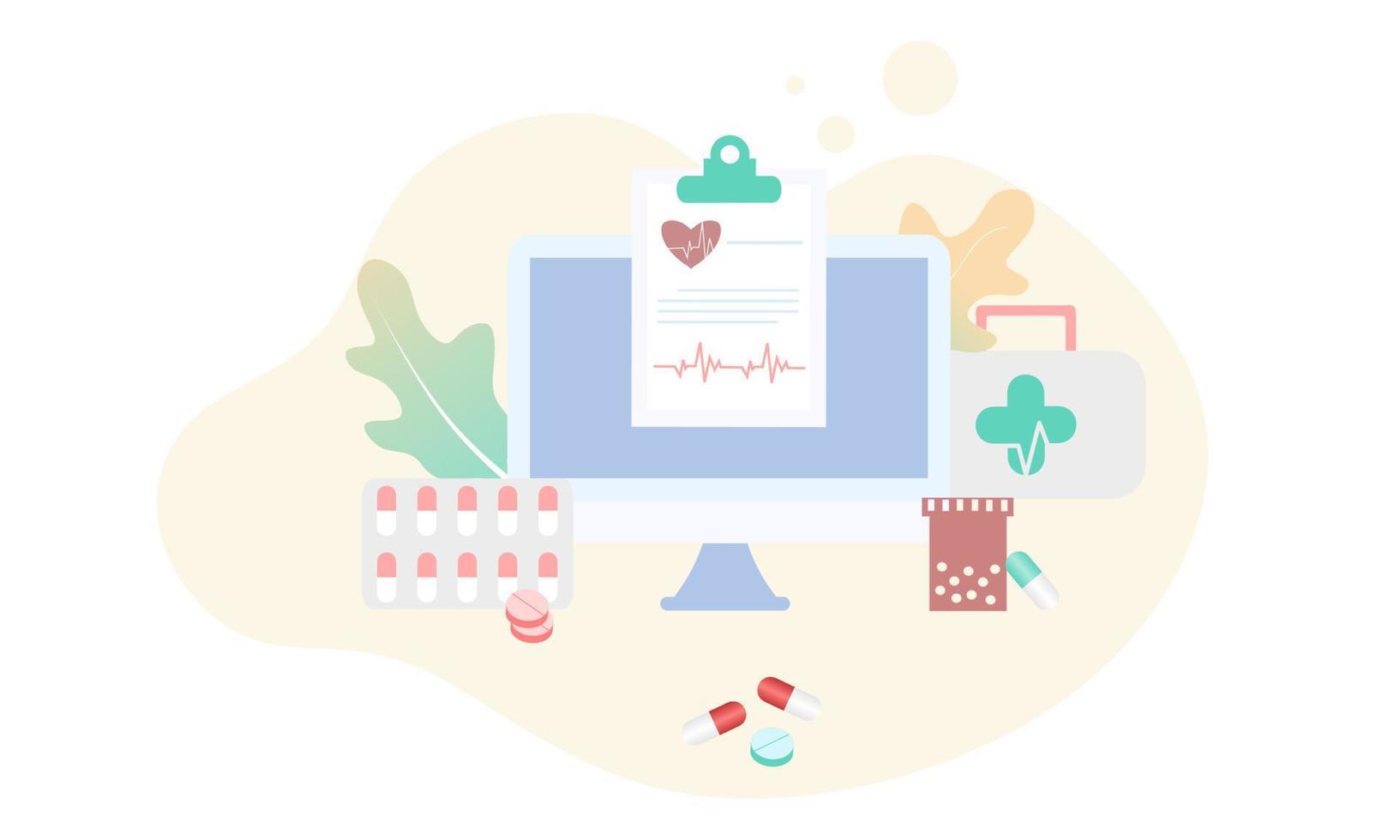 Landing page of Online pharmacy, healthcare, drugstore and ecommerce app concept. Vector of prescription drugs, first aid kit and medical supplies being sold via computer web or smartphone application