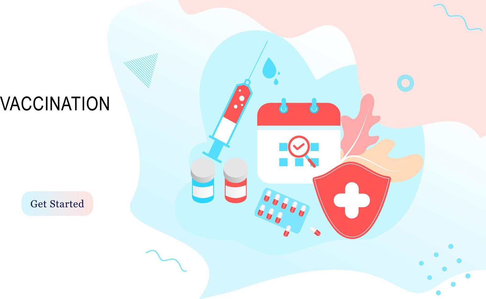 Landing page of vaccination website. Immunization campaign. Health care and protection. Isometric medical treatment. Flat vector illustration for wallpaper, banner, background, card, book illustration