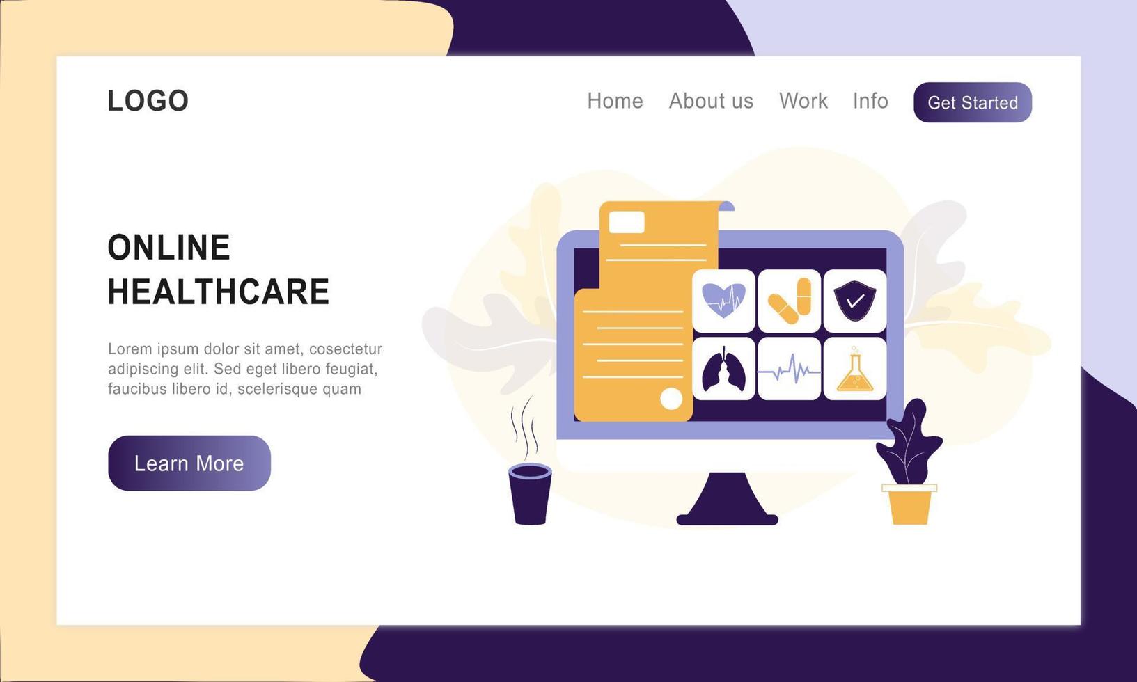 Landing page of online healthcare flat illustration. Online medical consultation and treatment via app smartphone or computer connected internet clinic. Online ask doctor consultation in mobile vector