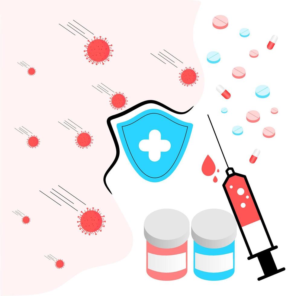 Vaccination concept. Immunization campaign. COVID-19 Virus Vaccine shot. Health care and protection. Medicine and syringe with a vaccine bottle protection shield and virus. Medical treatment icons. vector