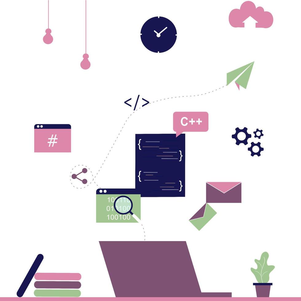 Modern flat design concept of software development coding process. Developing, designer, programming, testing cross platform code, app, UI. Create, editing script for website and mobile devices. vector