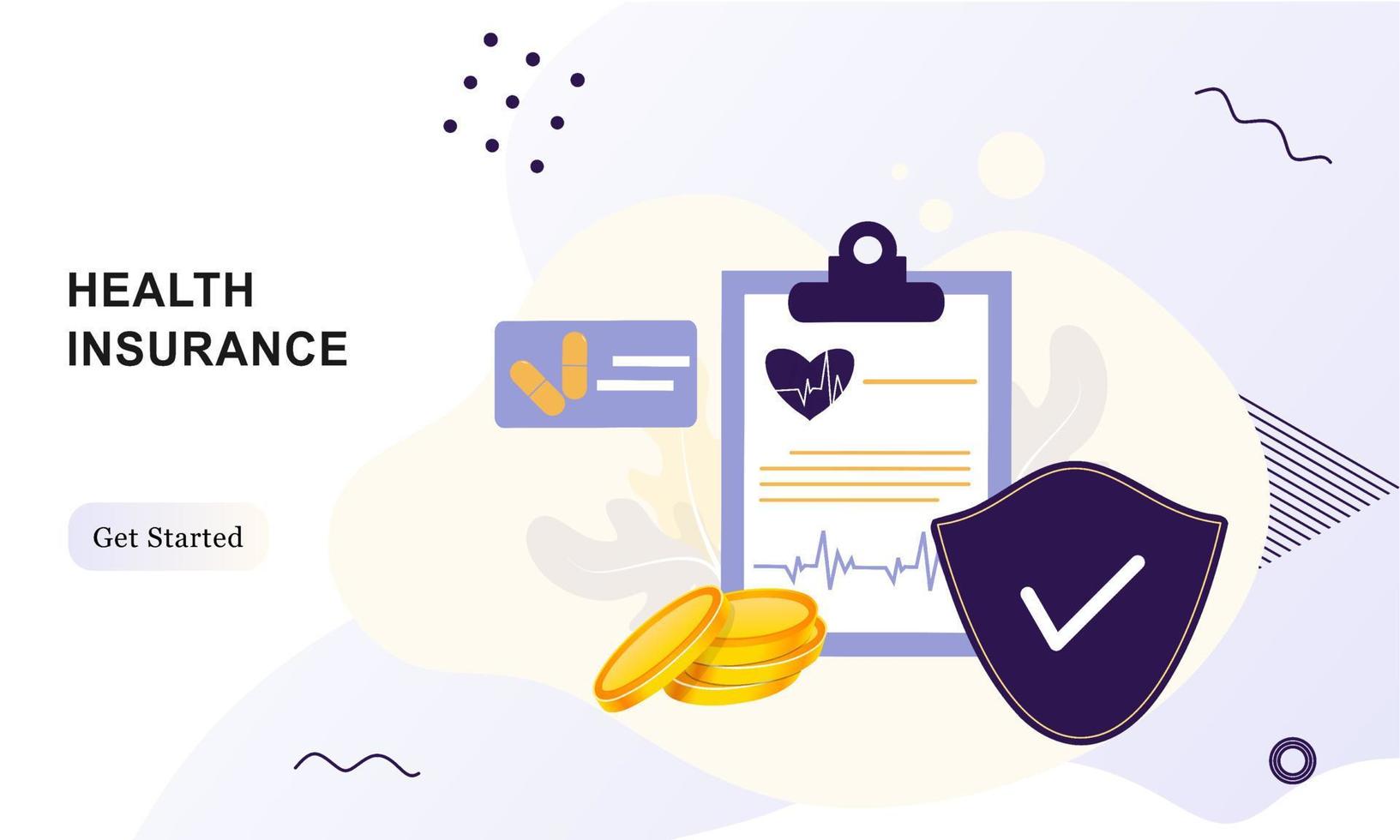 Landing page of health insurance. Concept of medical insurance and life insurance. Protection of health and life of people with document insurance. Healthcare, finance and medical service web design. vector