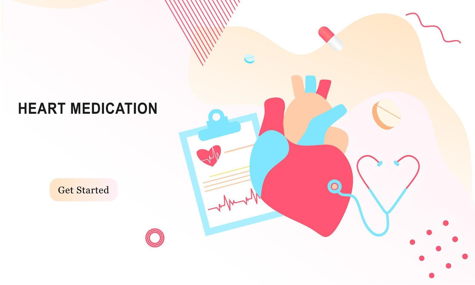 Landing page of modern heart medication, heart disease research concept. Studying heart model, drugs and heartbeat diagram. Vector illustration cardiovascular system, cholesterol, medical examination.