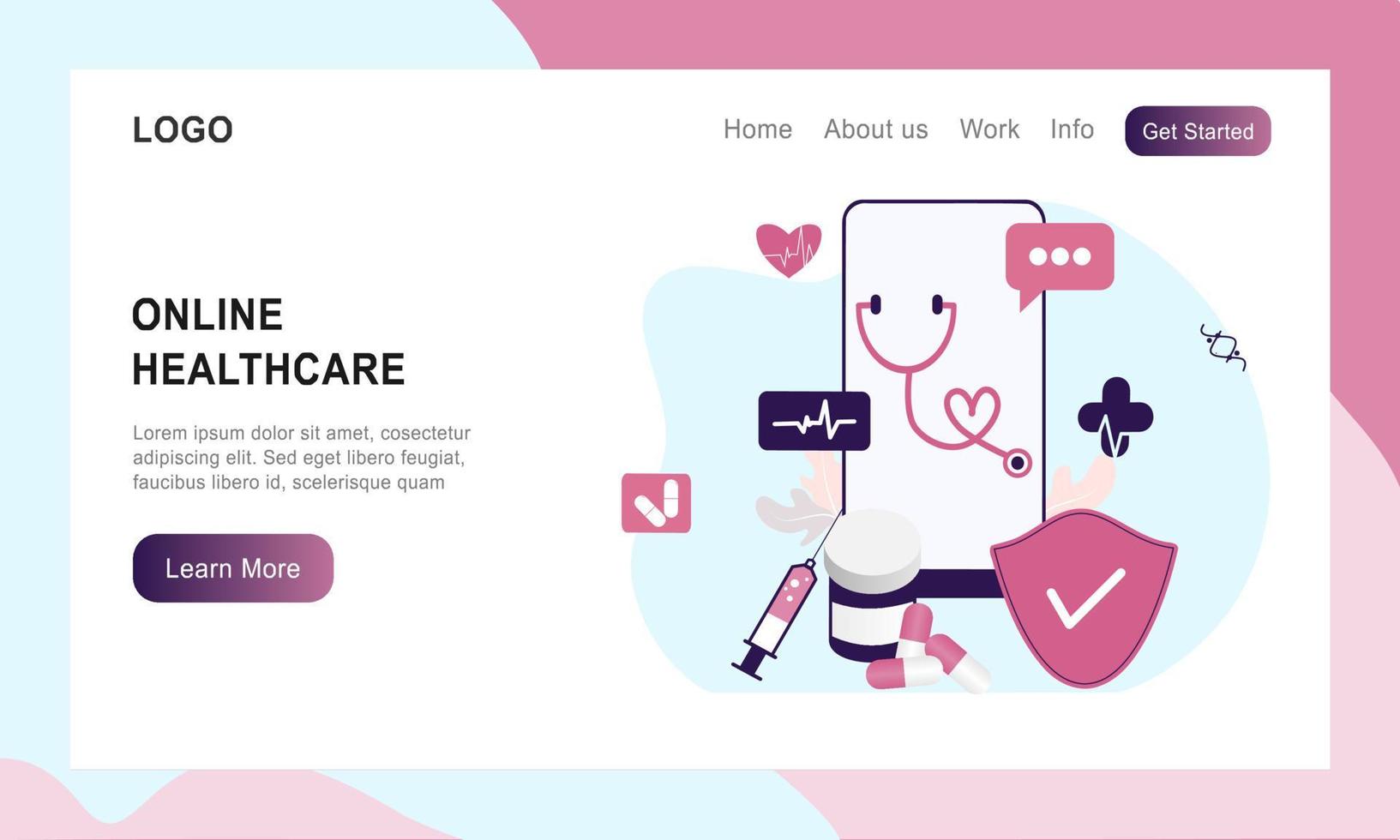 Landing page of online healthcare flat illustration. Online medical consultation and treatment via app smartphone or computer connected internet clinic. Online ask doctor consultation in mobile vector