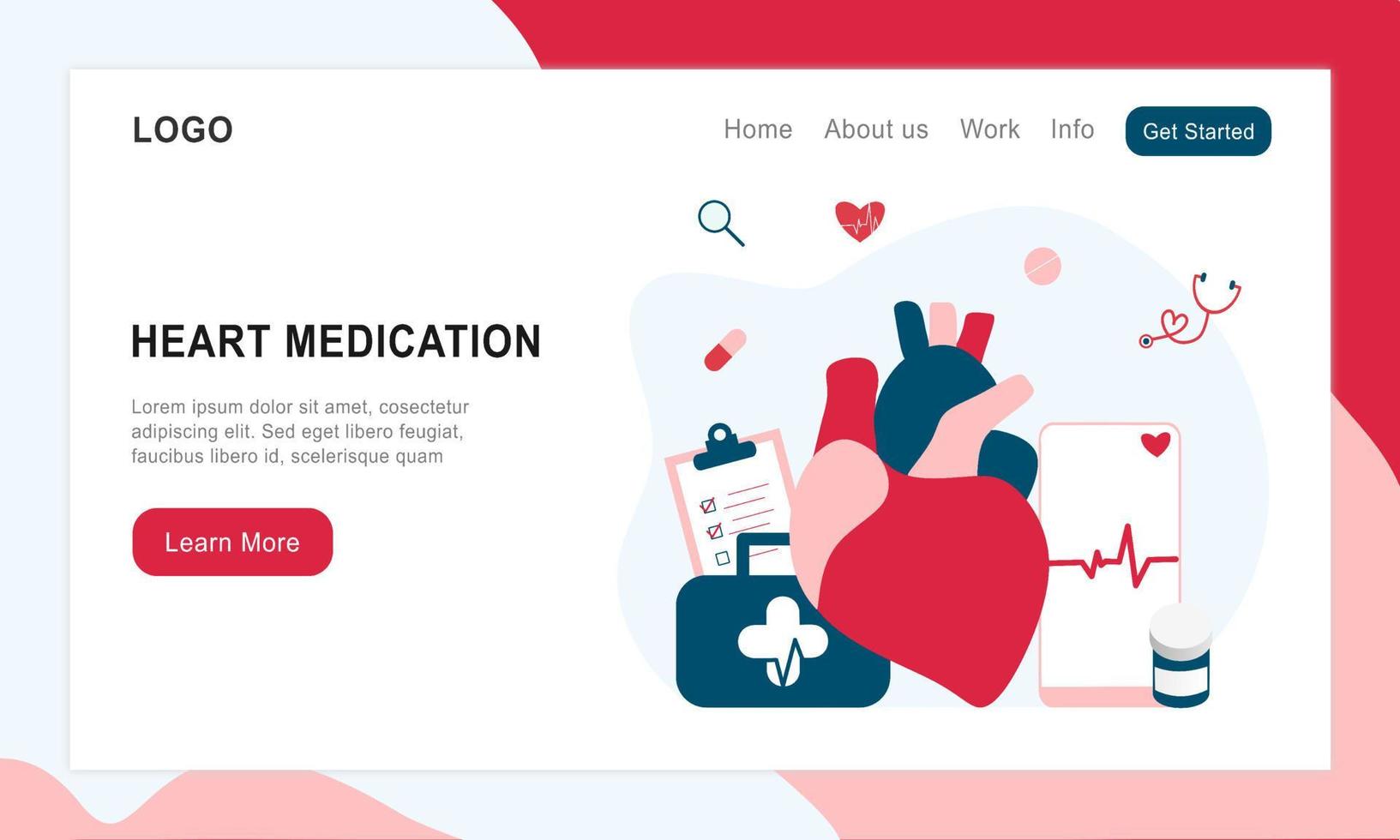 página de inicio de la medicación cardíaca moderna, concepto de investigación de enfermedades cardíacas. estudiando el modelo de corazón, las drogas y el diagrama de latidos del corazón. ilustración vectorial sistema cardiovascular, colesterol, examen médico. vector