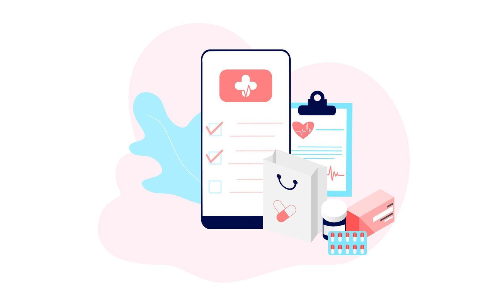 Landing page of Online pharmacy, healthcare, drugstore and ecommerce app concept. Vector of prescription drugs, first aid kit and medical supplies being sold via computer web or smartphone application