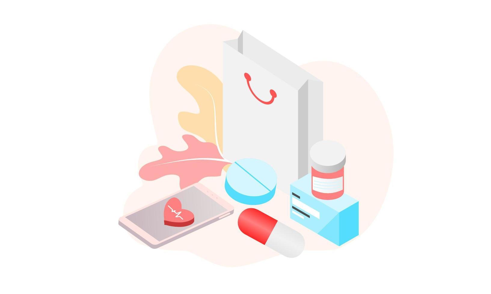 Landing page of Online pharmacy, healthcare, drugstore and ecommerce app concept. Vector of prescription drugs, first aid kit and medical supplies being sold via computer web or smartphone application