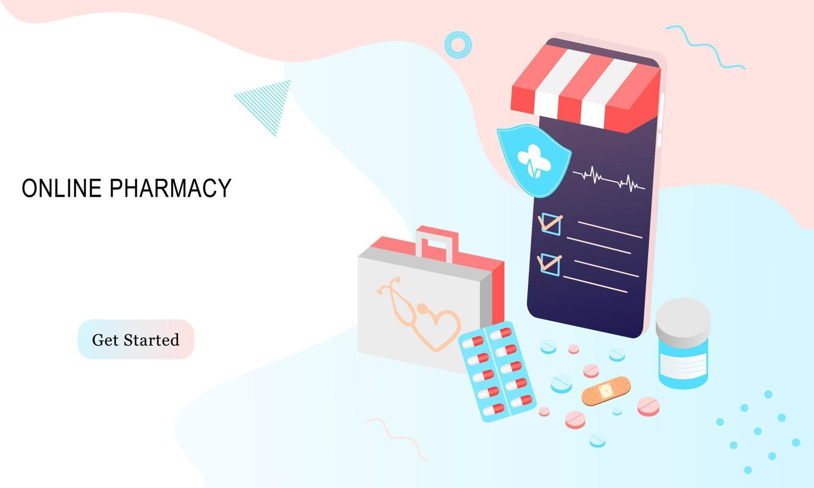 Landing page of Online pharmacy, healthcare, drugstore and e-commerce app concept. Vector of prescription drugs, first aid kit and medical supplies being sold online via web or smartphone application.