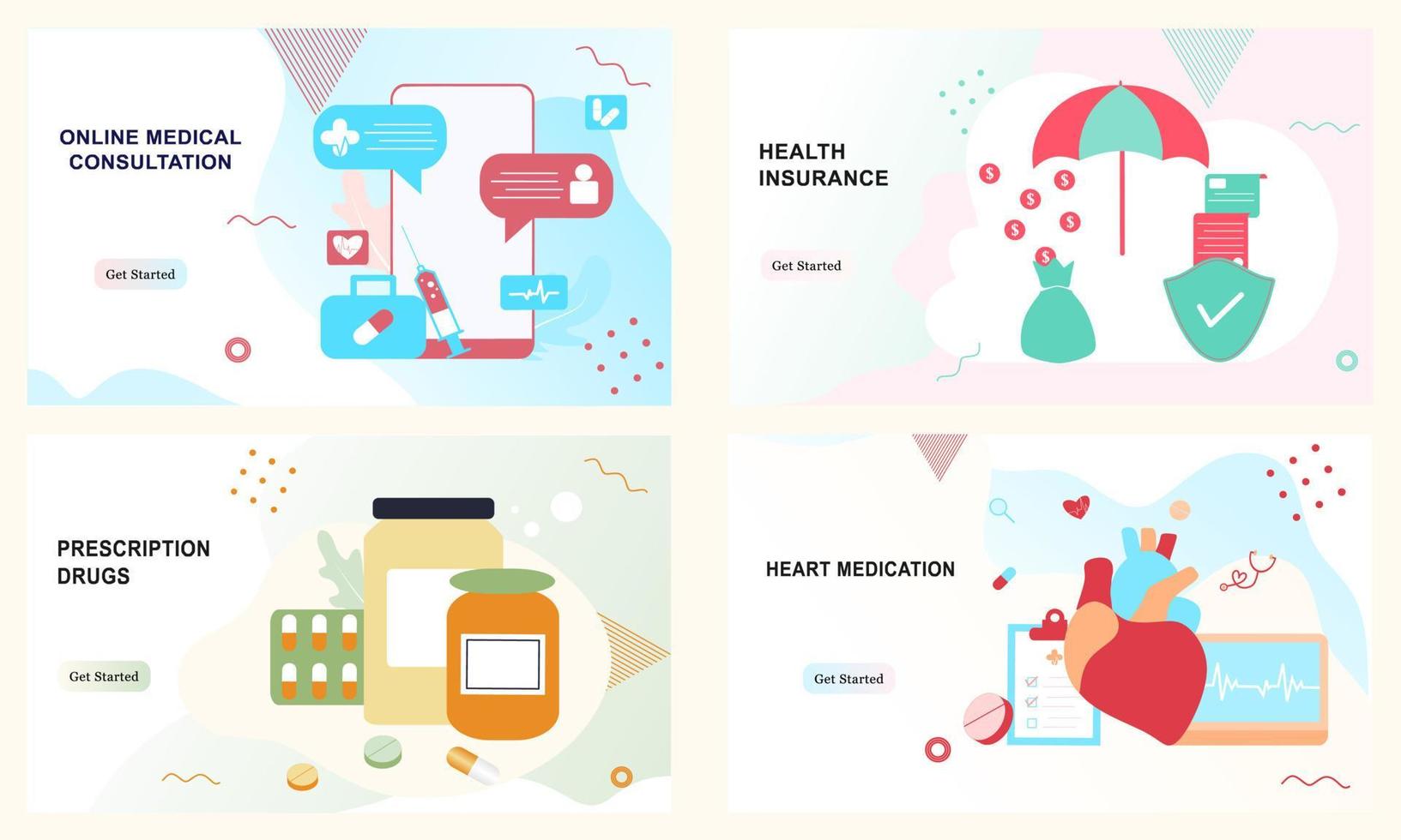 Set of landing page templates for heart medication, health insurance, prescription drugs, online medical consultation. Doctor, pharmacy, therapist for website, UI, mobile application, posters, banners vector