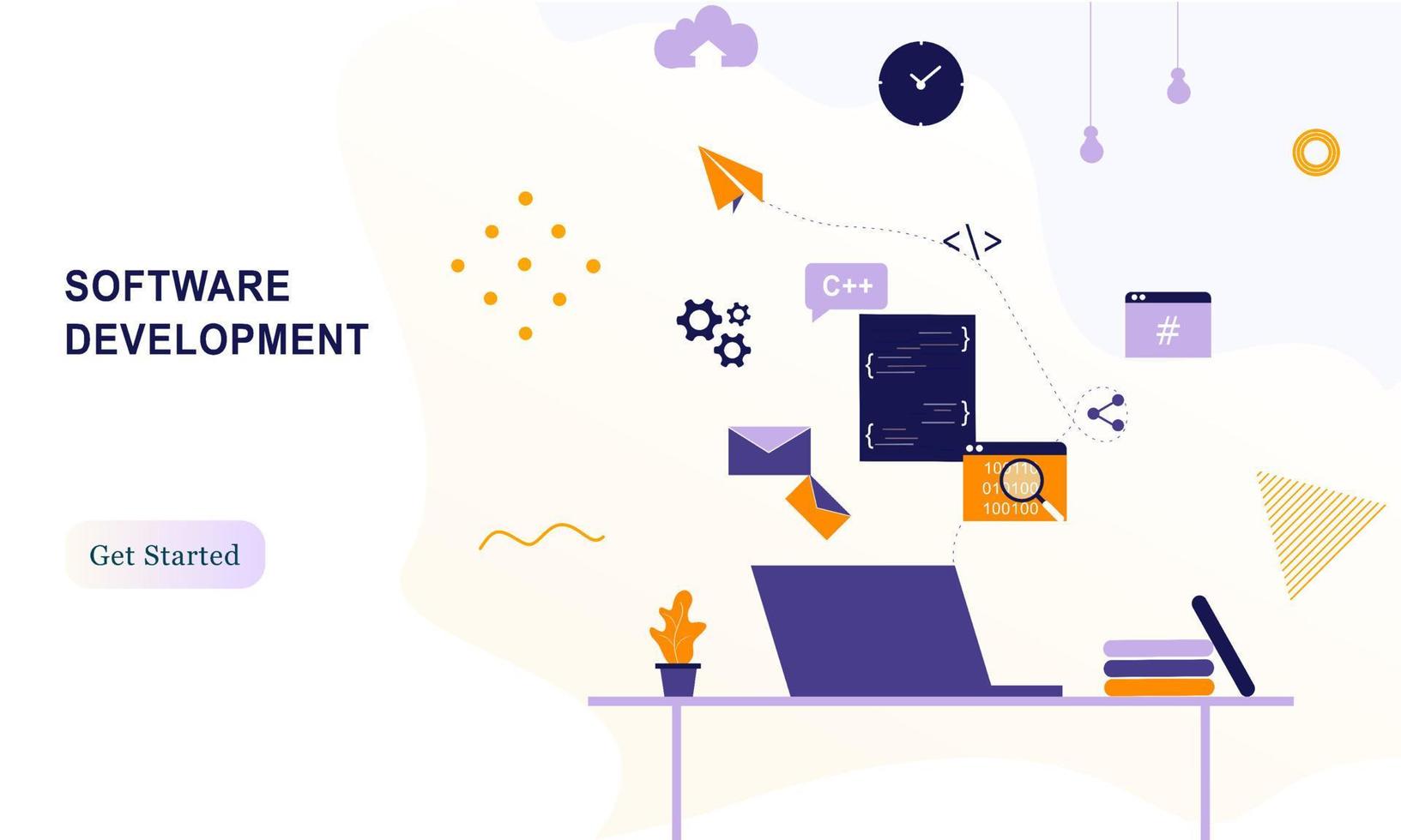 Landing page of software development coding process concept. Designer, programming, testing cross platform code, app. Create, editing script website and mobile devices. Technology software of business vector