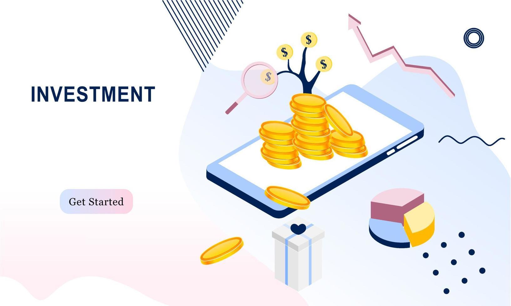 Business investment template. Money investing, portfolio income, capital gain, money saving, financial analysis and safety situation. Web page commerce solution for investment vector illustration.