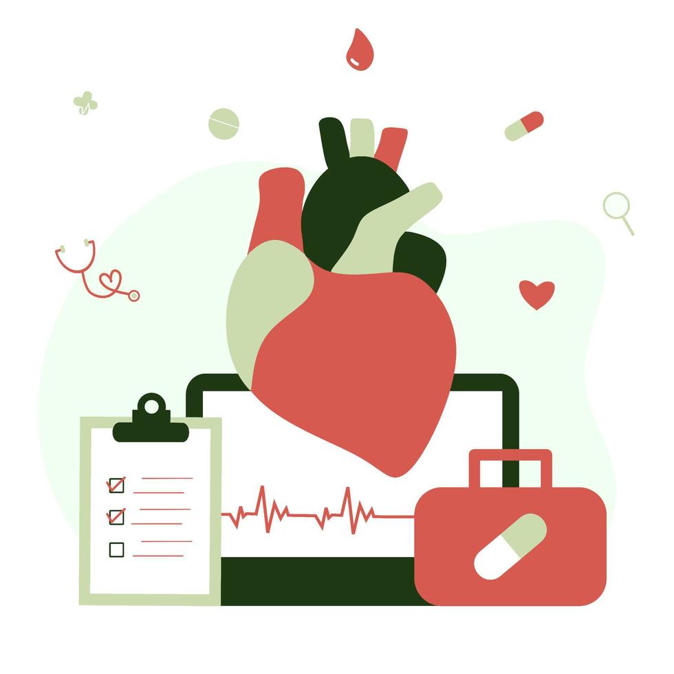 Modern heart medication, heart disease research concept. Cardiologist studying big heart model, drugs and heartbeat diagram. Vector illustration cardiovascular system, cardiology, medical examination.