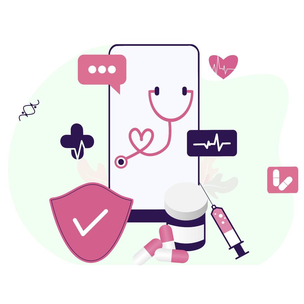 Online healthcare flat illustration. Online medical consultation and treatment via app smartphone or computer connected internet clinic. Online ask doctor consultation technology in mobile vector. vector