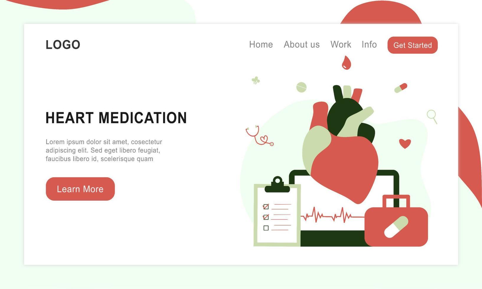 página de inicio de la medicación cardíaca moderna, concepto de investigación de enfermedades cardíacas. estudiando el modelo de corazón, las drogas y el diagrama de latidos del corazón. ilustración vectorial sistema cardiovascular, colesterol, examen médico. vector