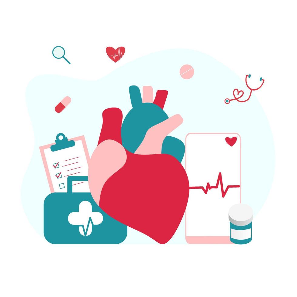 Modern heart medication, heart disease research concept. Cardiologist studying big heart model, drugs and heartbeat diagram. Vector illustration cardiovascular system, cardiology, medical examination.