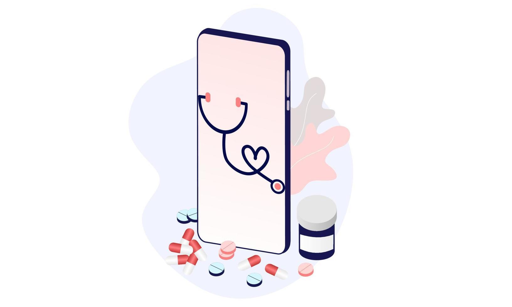 Landing page of Online pharmacy, healthcare, drugstore and ecommerce app concept. Vector of prescription drugs, first aid kit and medical supplies being sold via computer web or smartphone application