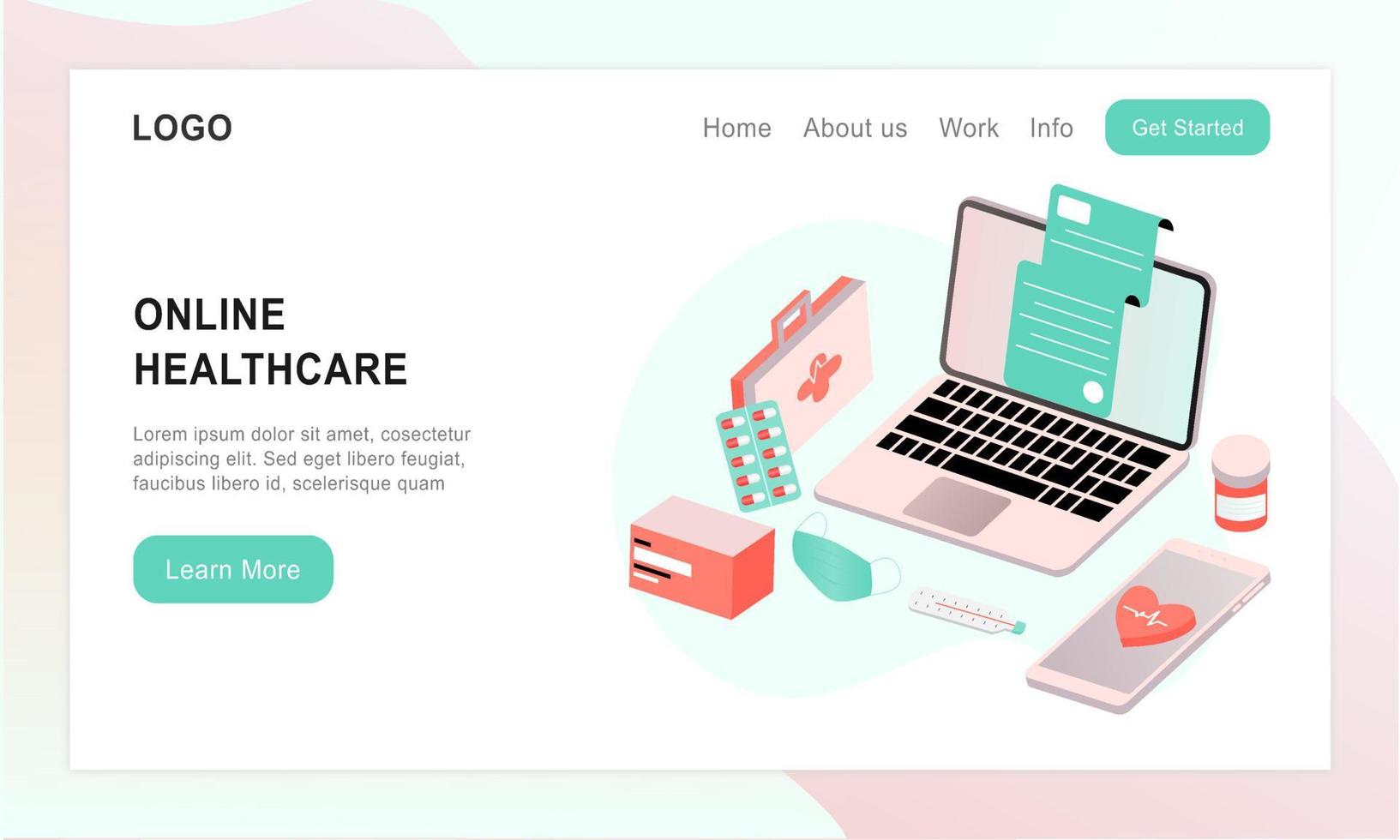 Landing page of online healthcare flat illustration. Online medical consultation and treatment via app smartphone or computer connected internet clinic. Online ask doctor consultation in mobile vector