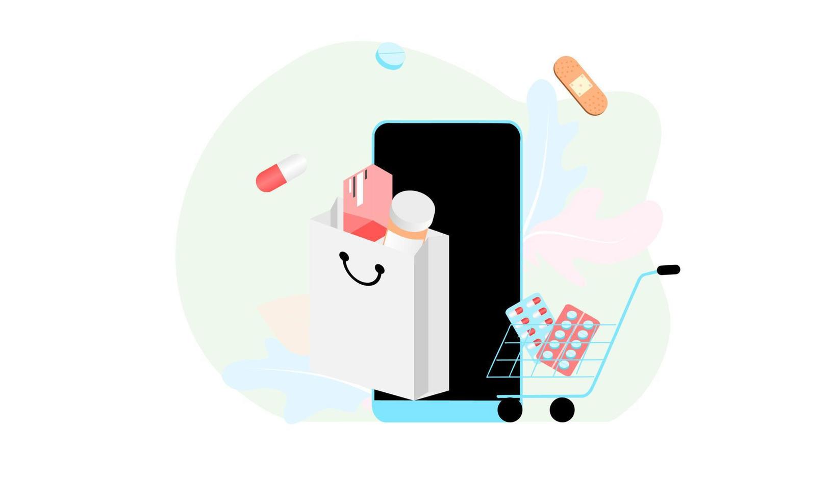 Landing page of Online pharmacy, healthcare, drugstore and ecommerce app concept. Vector of prescription drugs, first aid kit and medical supplies being sold via computer web or smartphone application