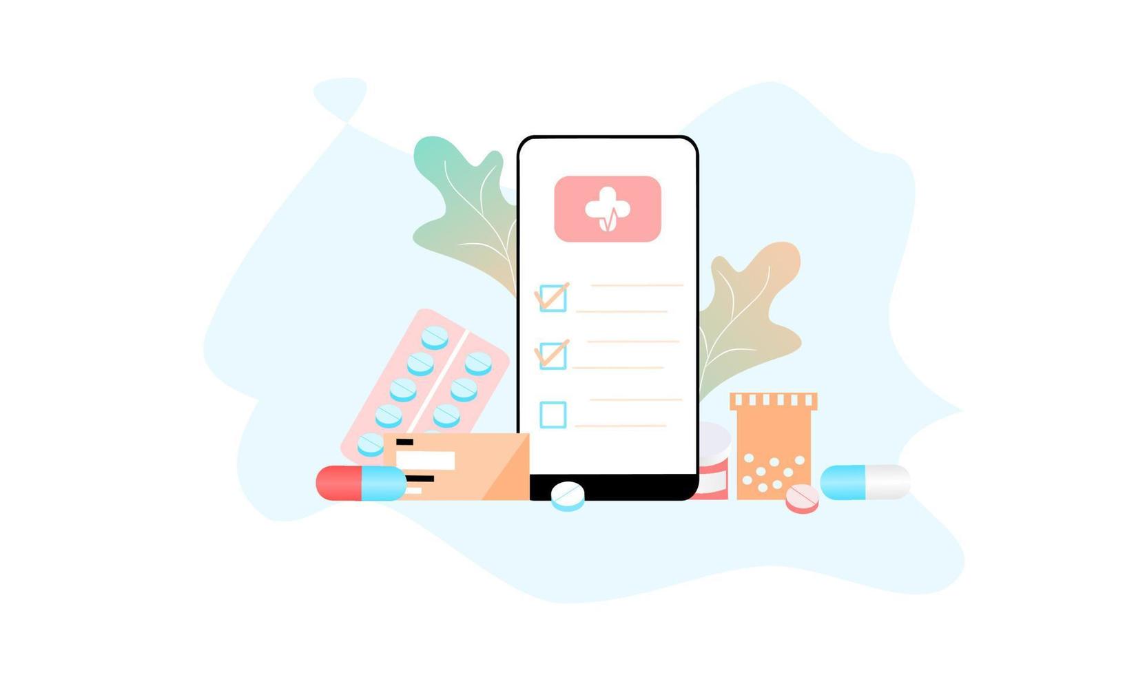 Landing page of Online pharmacy, healthcare, drugstore and ecommerce app concept. Vector of prescription drugs, first aid kit and medical supplies being sold via computer web or smartphone application