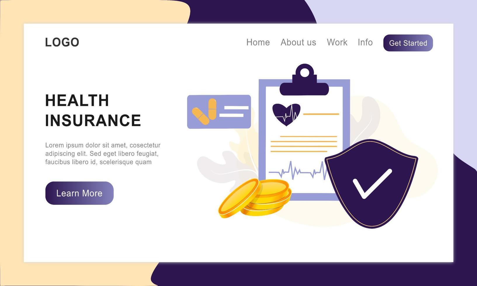 Landing page of health insurance. Concept of medical insurance and life insurance. Protection of health and life of people with document insurance. Healthcare, finance and medical service web design. vector