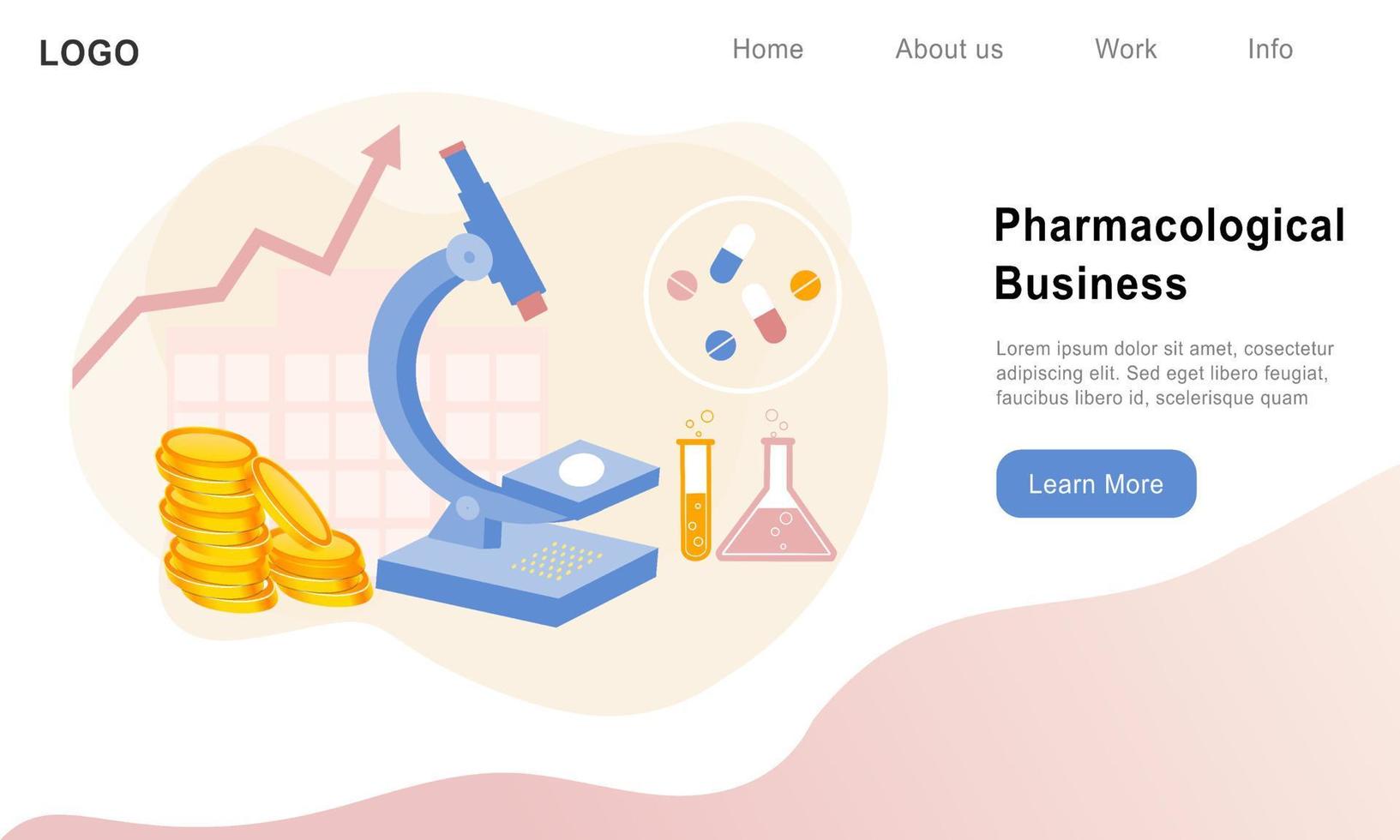 Concepto de negocio de desarrollo de medicamentos farmacológicos y de salud. industria farmacéutica con equipos médicos y píldoras terapéuticas para la investigación de enfermedades y dolencias. vector plano para web, banner, infografía.